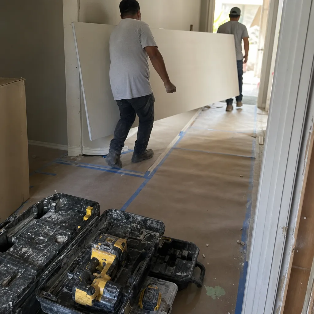 Contractors carrying drywall sheet during a home renovation project