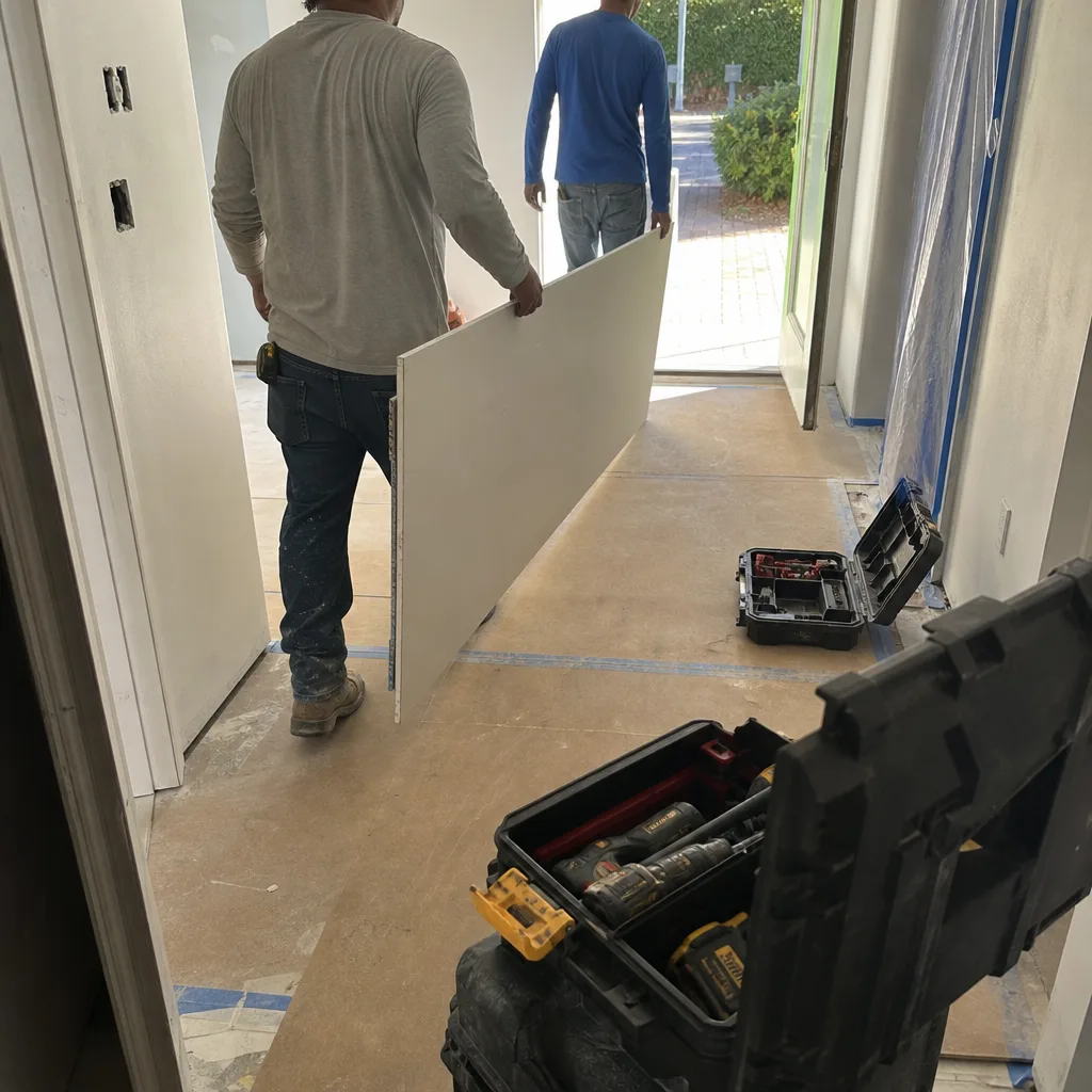 General contractor carrying drywall during a residential home construction project