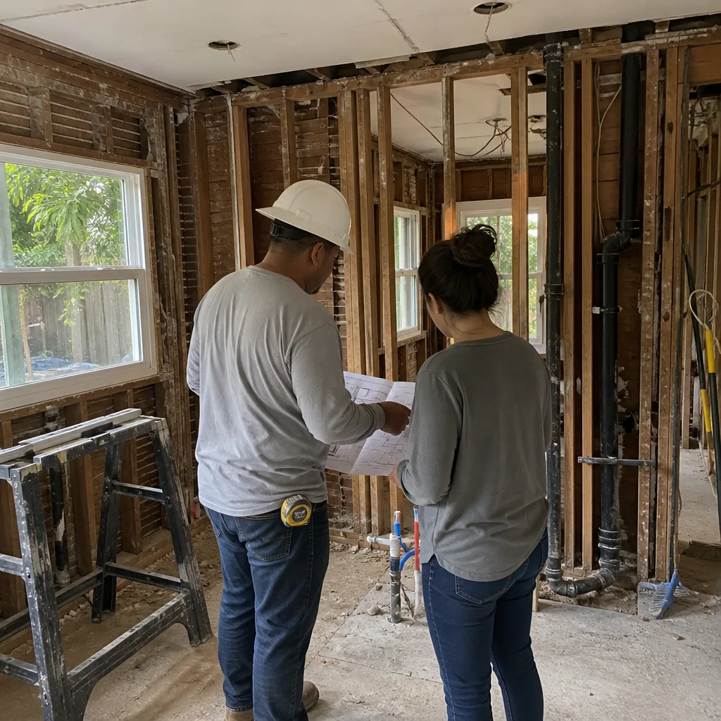 General contractor and client reviewing blueprints inside a home renovation project