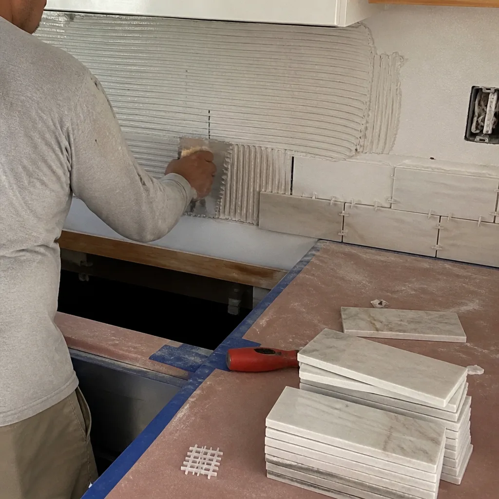 Contractor installing marble subway tile kitchen backsplash