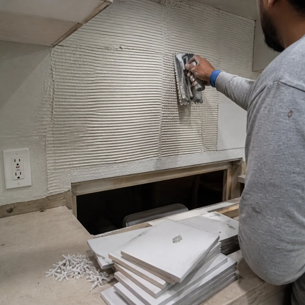Worker applying mortar to kitchen wall for professional tile installation.