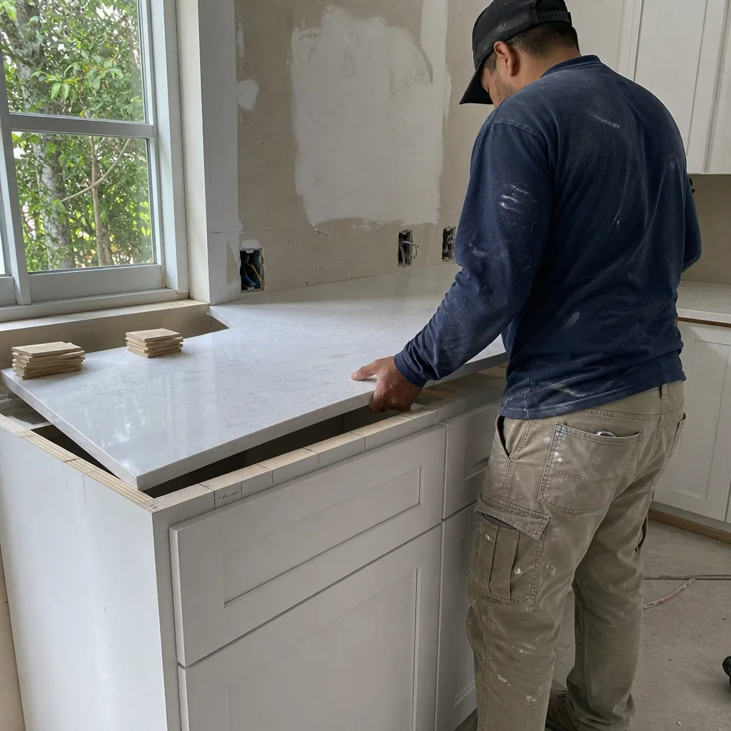 Professional contractor installing a custom quartz kitchen countertop during a home renovation.